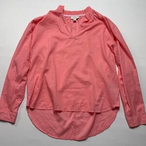 ON-34TH Smocked Neck Blouse Long Sleeve Hi-Low Hem Coral Pink Top Size M‎